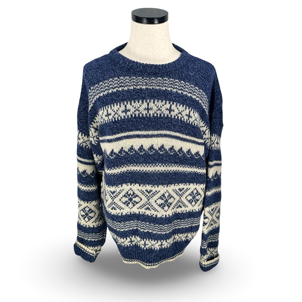 Vintage Eddie Bauer Fair Isle Wool Sweater Mens XL Blue White Made in USA